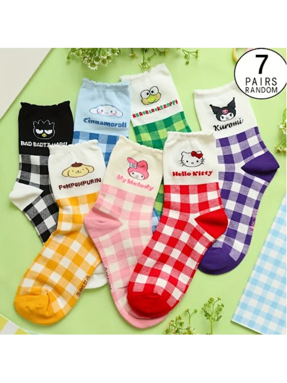 #FAM-2191 Hello Kitty & Friends Plaid Sock Set - 7 Pair Women's sz 4-10